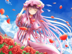 Rule 34 | 1girl, arm up, blue bow, blue ribbon, blue sky, bow, bowtie, closed eyes, cloud, commentary request, crescent, crescent pin, dress, flower, garden, hair bow, hat, hat ribbon, long hair, mob cap, mountainous horizon, patchouli knowledge, petals, pink dress, purple hair, ram hachimin, red bow, red bowtie, red ribbon, ribbon, rose, rose petals, sky, smile, solo, striped clothes, striped dress, touhou, very long hair, wide sleeves