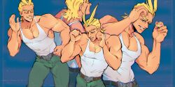 Rule 34 | 1boy, absurdres, belt, blonde hair, blue background, blue eyes, boku no hero academia, brown belt, clenched hands, fighting stance, fingernails, freesilverwind, green pants, grin, highres, leaning to the side, male focus, multiple views, muscular, muscular male, pants, pectoral cleavage, pectorals, shirt, short hair, smile, tank top, white shirt, white tank top, yagi toshinori