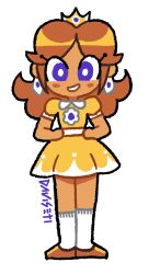 Rule 34 | 1girl, :d, artist name, bad id, bad tumblr id, blue eyes, blush, blush stickers, bright pupils, brown hair, commentary, crown, dark-skinned female, dark skin, daviseti, dress, earrings, english commentary, full body, grin, hands on own hips, highres, jewelry, kneehighs, long hair, looking at viewer, mario (series), mario tennis, mario tennis (nintendo 64), nintendo, open mouth, parted bangs, princess daisy, puffy short sleeves, puffy sleeves, shoes, short dress, short sleeves, sidelocks, signature, simple background, smile, socks, solo, standing, white background, white pupils, white socks, yellow dress