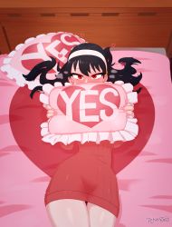 Rule 34 | 1girl, bed, bed sheet, black hair, blush, covering own mouth, cowboy shot, dress, full-face blush, hairband, heart, highres, indoors, long hair, long sleeves, looking at viewer, lying, on back, pillow, red dress, red eyes, shiny skin, skin tight, solo, spy x family, thetenk, thighs, yes-no pillow, yor briar