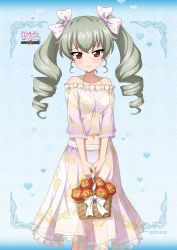 Rule 34 | 1girl, anchovy (girls und panzer), armpits, bare shoulders, bikini, bikini under clothes, blush, breasts, brown eyes, cleavage, dress, drill hair, embarrassed, female focus, flower, girls und panzer, green hair, highres, lips, long hair, looking at viewer, medium breasts, official art, outdoors, see-through, simple background, skirt, solo, swimsuit, swimsuit under clothes, translation request, see-through body, twintails, upper body