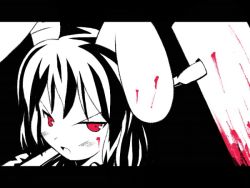 Rule 34 | 1girl, animal ears, black background, blood, blood on face, bloody weapon, female focus, frown, hammer, haruyama kazunori, inaba tewi, letterboxed, looking at viewer, monochrome, open mouth, pink eyes, portrait, rabbit ears, short hair, simple background, solo, spot color, touhou, weapon