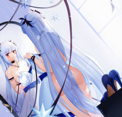 Rule 34 | 1girl, absurdres, aer (tengqiu), anchor necklace, armlet, ass, back, black choker, black ribbon, blue footwear, blue hair, blunt bangs, blush, breasts, choker, cleavage, closed mouth, collarbone, cowboy shot, dress, unworn dress, essex (warship girls r), eyelashes, feather hair ornament, feathers, from behind, hair ornament, hair ribbon, high heels, highres, jewelry, large breasts, long hair, looking at viewer, medium breasts, mirror, necklace, orange eyes, reflection, ribbon, shoes, unworn shoes, shoulder blades, sideboob, smile, solo, standing, thighs, twintails, very long hair, warship girls r, white dress