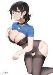 Rule 34 | absurdres, alios arvin, black bra, black hair, black panties, black pantyhose, blue eyes, blue shirt, bra, breasts, cleavage, collar, crop top, dog tags, earrings, glasses, highres, jewelry, kneeling, lace, lace-trimmed bra, lace trim, large breasts, looking at viewer, mole, mole under eye, original, panties, panties under pantyhose, pantyhose, ponytail, round eyewear, shirt, short hair, sidelocks, simple background, solo, thighband pantyhose, underwear