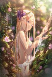 Rule 34 | 1girl, abigail williams (fate), blonde hair, blue eyes, blurry, blurry background, breasts, butterfly hair ornament, commentary request, day, depth of field, fate/grand order, fate (series), flower, hair ornament, hands up, highres, keyhole, kinom (sculpturesky), long hair, outdoors, parted bangs, parted lips, pink flower, see-through, small breasts, solo, very long hair