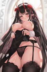 Rule 34 | 1girl, 3:, areola slip, bad id, bad pixiv id, black garter belt, black hair, black panties, black sleeves, black thighhighs, breast curtains, breasts, closed mouth, clothes lift, covered erect nipples, cowboy shot, cross, flower, from below, garter belt, gluteal fold, habit, hair flower, hair ornament, hairband, highres, horns, lace, lace-trimmed legwear, lace garter belt, lace panties, lace trim, large breasts, long hair, long sleeves, looking at viewer, looking down, lotpi, nun, oni horns, original, panties, pelvic curtain, pelvic curtain lift, pointy ears, pubic tattoo, raised eyebrows, red eyes, red flower, shrug (clothing), solo, tattoo, thighhighs, thighs, underwear, white hairband