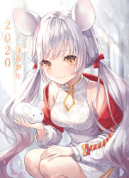 Rule 34 | 1girl, animal ears, artist name, bare shoulders, blurry, bow, breasts, brown eyes, depth of field, dress, hair bow, highres, long hair, long sleeves, looking at viewer, low twintails, medium breasts, mouse (animal), mouse ears, off shoulder, original, outdoors, silver hair, sleeveless, sleeveless dress, smile, solo, soyubee, squatting, twintails, very long hair, white dress