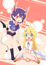 Rule 34 | 2girls, :d, :o, angel, angel and devil, ayakashi (monkeypanch), bad id, bad pixiv id, belt, blonde hair, blue eyes, blush, demon girl, demon horns, demon tail, demon wings, dress, earrings, halo, highres, hoop earrings, horns, jewelry, long hair, looking at viewer, multiple girls, open mouth, original, pointy ears, purple hair, red eyes, short hair, short shorts, shorts, sitting, smile, standing, tail, white wings, wings