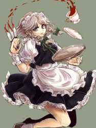 Rule 34 | 1girl, apron, between fingers, black dress, blood, bloody knife, bloody weapon, cup, dress, grey eyes, holding, izayoi sakuya, knife, looking at viewer, maid, maid apron, maid headdress, namuko, puffy short sleeves, puffy sleeves, shirt, short sleeves, silver hair, solo, spilling, teacup, throwing knife, touhou, tray, waist apron, weapon, wrist cuffs