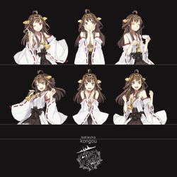 Rule 34 | 10s, 1girl, ahoge, black eyes, blush, brown hair, character name, chart, closed eyes, cup, detached sleeves, double bun, expressions, hair bun, hairband, hands on own cheeks, hands on own face, hao (patinnko), highres, japanese clothes, kantai collection, kongou (kancolle), long hair, looking at viewer, multiple views, nontraditional miko, one eye closed, personification, simple background, smile, tears, wide sleeves, wink