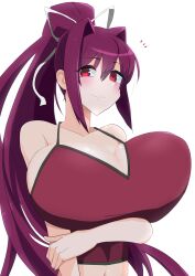 Rule 34 | 1girl, arm under breasts, bare shoulders, blush, breasts, camisole, cleavage, hair ribbon, high ponytail, highres, huge breasts, long hair, midriff, notice lines, purple hair, red camisole, red eyes, ribbon, smile, solo, tsu-mo3, under night in-birth, very long hair, white ribbon, yuzuriha (under night in-birth)
