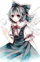 Rule 34 | 1girl, absurdres, bad id, bad pixiv id, blue eyes, blue hair, blurry, blush, bow, cirno, dress, hair bow, highres, ice, ice wings, marker (medium), matching hair/eyes, muted color, namakuby, pale skin, short hair, simple background, solo, touhou, traditional media, upper body, white background, wings