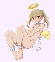 Rule 34 | 1girl, angel, angel wings, anklet, artoise, ass, bare shoulders, blonde hair, blush, bra, breasts, closed mouth, feet, green eyes, halo, jewelry, lingerie, long hair, looking at viewer, maka albarn, panties, simple background, small breasts, smile, solo, soul eater, twintails, underwear, untied, wings