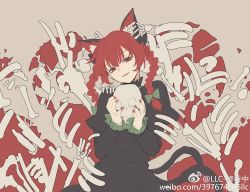 Rule 34 | 1girl, animal ear fluff, animal ears, black bow, black dress, bow, braid, cat ears, cat tail, chinese commentary, commentary, dress, extra ears, fangs, fingernails, frilled sleeves, frills, green bow, hair bow, head tilt, highres, holding, holding skull, juliet sleeves, kaenbyou rin, llc, long hair, long sleeves, looking at viewer, multiple tails, nail polish, parted lips, puffy sleeves, red eyes, red hair, red nails, ribs, skeletal arm, sketch, skull, smile, solo, tail, teeth, touhou, twin braids, two tails, upper body, upper teeth only, weibo logo, weibo watermark