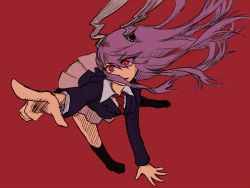 Rule 34 | 1girl, animal ears, arm support, bent over, rabbit ears, foreshortening, formal, hair blowing, hatching (texture), leaning forward, linear hatching, long hair, looking at viewer, miata (miata8674), necktie, pink skirt, pointing, purple hair, red background, red eyes, reisen udongein inaba, skirt, solo, suit, touhou