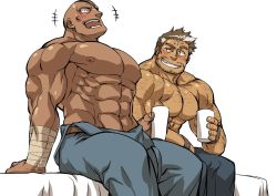Rule 34 | 2boys, abs, arm hair, bald, bara, beard, blue pants, blush, brown hair, character request, chest hair, clothes down, cross scar, cup, dark-skinned male, dark skin, drunk, eyepatch, facial hair, grin, hairy, holding, holding cup, implied yaoi, large pectorals, looking at another, male focus, mature male, mennsuke, multiple boys, muscular, muscular male, navel, nipples, on bed, overalls, pants, pectorals, scar, scar on face, scar on forehead, topless male, short hair, shoukan yuusha to f-kei kareshi, sideburns, sitting, smile, stomach, stubble
