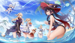 Rule 34 | 6+girls, absurdres, adapted costume, ahoge, alternate costume, barbara (genshin impact), barbara (summertime sparkle) (genshin impact), beach, blurry, commentary request, depth of field, fischl (genshin impact), floating, genshin impact, hair between eyes, halo, hat feather, highres, horizon, iuidd, jean (genshin impact), jean (sea breeze dandelion) (genshin impact), jumpy dumpty, klee (genshin impact), long hair, long sleeves, looking at viewer, low twintails, mechanical halo, mona (genshin impact), multiple girls, official alternate costume, paimon (genshin impact), pointy ears, ponytail, seelie (genshin impact), sidelocks, slime (genshin impact), twintails, wading