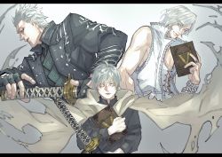 Rule 34 | 2boys, ahoge, bare shoulders, black coat, black gloves, book, bracelet, brown cloak, cloak, closed mouth, coat, corset, devil may cry (series), devil may cry 5, eyes visible through hair, fingerless gloves, fingernails, gloves, grey hair, hair between eyes, hair slicked back, half-closed eyes, highres, holding, holding book, holding sheath, holding sword, holding weapon, hood, hood down, hooded cloak, jewelry, katana, light blue eyes, looking at viewer, moyashi san4, multiple boys, open clothes, open coat, parted lips, ring, scabbard, sheath, sheathed, smile, sword, toned, toned male, torn, torn cloak, torn clothes, unsheathing, v (devil may cry), vergil (devil may cry), weapon, white hair, aged down