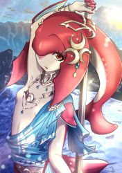 Rule 34 | 1girl, blush, breasts, chrokey, colored skin, fins, fish girl, hair ornament, highres, jewelry, long hair, looking at viewer, mipha, monster girl, multicolored skin, nintendo, no eyebrows, red hair, red skin, solo, the legend of zelda, the legend of zelda: breath of the wild, yellow eyes, zora