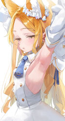 1girl animal_ear_fluff animal_ears armpits arms_up blonde_hair blue_archive blue_necktie blush breasts buttons detached_sleeves double-breasted dress ekinonzzz flower_wreath fox_ears halo highres long_hair looking_at_viewer necktie presenting_armpit seia_(blue_archive) small_breasts solo white_background white_dress yellow_eyes