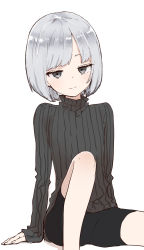 Rule 34 | 1girl, absurdres, arm support, bike shorts, black shorts, black sweater, bob cut, closed mouth, commentary request, feet out of frame, grey eyes, half-closed eyes, highres, knee up, long sleeves, original, ribbed sweater, shadow, short hair, short shorts, shorts, silver hair, simple background, sleeves past wrists, smile, solo, sweater, turtleneck, turtleneck sweater, white background, yamamoto souichirou