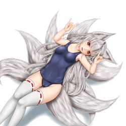 Rule 34 | 1girl, animal ears, bad id, bad pixiv id, fox ears, fox tail, highres, long hair, multiple tails, old school swimsuit, one-piece swimsuit, original, red eyes, ribbon-trimmed legwear, ribbon trim, school swimsuit, silver hair, simple background, solo, swimsuit, tail, tenyoshi (briansept), thighhighs