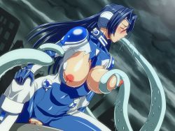 Rule 34 | 1girl, blue hair, blush, bodysuit, grabbing another&#039;s breast, breasts, chouhei hajoku, covered erect nipples, defeat, closed eyes, fellatio, girl on top, grabbing, highres, huge breasts, inja no kuruwa, large breasts, long hair, nipples, oral, rape, sitting, sitting on person, sky, sweat, tentacle sex, tentacles, torn clothes, vaginal