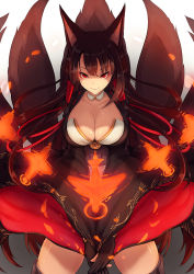 Rule 34 | &gt;:), 1girl, akagi (azur lane), animal ears, azur lane, black hair, black thighhighs, breasts, cleavage, closed mouth, collarbone, cowboy shot, fox ears, fox tail, hair tubes, japanese clothes, large breasts, long hair, long sleeves, looking at viewer, multiple tails, opanchu (hakusen), red eyes, shikigami, smile, solo, tail, thighhighs, tsurime, v-shaped eyebrows, v arms, wide sleeves