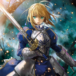Rule 34 | 1girl, ahoge, armor, armored dress, artoria pendragon (fate), bad id, bad pixiv id, battlefield, blonde hair, breath, dress, excalibur (fate/stay night), fate/zero, fate (series), gauntlets, green eyes, holding, komecchi, open mouth, profile, saber (fate), short hair, solo, sword, weapon