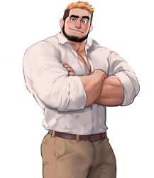 Rule 34 | 1boy, bara, beard, beige pants, bulge, crossed arms, dopey (dopq), facial hair, highres, large pectorals, looking at viewer, male focus, mature male, multicolored hair, muscular, muscular male, original, partially unbuttoned, pectoral cleavage, pectorals, raised eyebrow, shirt, short hair, sleeves rolled up, solo, two-tone hair, white shirt