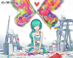 Rule 34 | 1girl, alternate hairstyle, aqua eyes, aqua hair, bug, butterfly, colorful, grin, hatsune miku, headphones, heart, indian style, bug, ladder, long hair, looking at viewer, nidy, one eye closed, overalls, paint, paint can, paint splatter, paintbrush, painting (action), ponytail, sitting, smile, solo, vocaloid