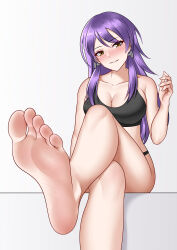 Rule 34 | 1girl, absurdres, barefoot, blush, breasts, cleavage, crossed legs, feet, highres, large breasts, long hair, looking at viewer, oirin, parted lips, purple hair, soles, solo, toes, yellow eyes