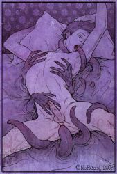 Rule 34 | 1boy, aged down, anal, asphyxiation, bed, closed eyes, erection, holding legs, legs, lying, male focus, male penetrated, nipple stimulation, nipple tweak, nipples, nobeast, nude, on back, oral, penis, pillow, purple theme, rape, solo, spread legs, strangling, tentacles, tentacles on male, uncensored, wrap, writing