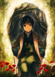 Rule 34 | 00s, 1girl, androgynous, belt, belt pouch, black hair, brown eyes, flower, forest, formal, grass, jacket, kino (kino no tabi), kino no tabi, madoi shiroo, moss, nature, pouch, reverse trap, short hair, solo, suit, suitcase, tree