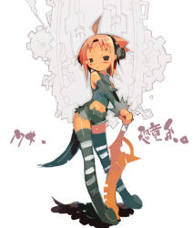 Rule 34 | ahoge, animal ears, cat ears, cat tail, headphones, hiruma andon, ke1rou, solo, striped clothes, striped thighhighs, sword, tail, thighhighs, weapon