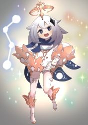 Rule 34 | 1girl, absurdres, blue eyes, cape, dress, einheadt, genshin impact, halo, hands on own hips, highres, looking at viewer, paimon (genshin impact), scarf, short hair, white dress, white hair
