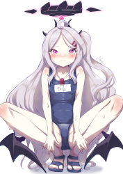 Rule 34 | 1girl, absurdres, ahoge, blue archive, blush, collarbone, commentary request, demon girl, demon horns, demon wings, forehead, full body, grey hair, groin, halo, highres, hina (blue archive), hina (swimsuit) (blue archive), horns, long hair, looking at viewer, midriff, name tag, nemu7777, official alternate costume, old school swimsuit, one side up, parted bangs, purple eyes, sandals, school swimsuit, sidelocks, simple background, sketch, sleeveless, solo, squatting, sweatdrop, swimsuit, translated, whistle, whistle around neck, white background, wings