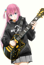 Rule 34 | 1girl, black hoodie, blue eyes, bocchi the rock!, closed mouth, commentary request, cowboy shot, cube hair ornament, electric guitar, gotoh hitori, grey skirt, guitar, hair between eyes, hair ornament, highres, holding, holding instrument, hood, hoodie, instrument, kessoku band hoodie (bocchi the rock!), kessoku band logo, long hair, long sleeves, music, one side up, partial commentary, pink hair, playing instrument, pleated skirt, plectrum, sidelocks, simple background, skirt, smile, solo, soragane (banisinngurei), white background