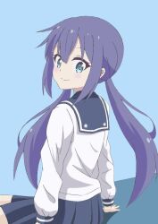 Rule 34 | 1girl, blue background, blue eyes, blue hair, blue sailor collar, blush, closed mouth, dot nose, koisuru asteroid, long hair, looking at viewer, manaka ao, qb (qb46311027), sailor collar, simple background, sitting, skirt, smile, solo, star (symbol)