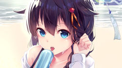 Rule 34 | 10s, 1girl, beach, black hair, blue eyes, braid, close-up, collarbone, eating, food, hair between eyes, hair flaps, hair ornament, hair over shoulder, highres, holding, holding food, hood, hoodie, kantai collection, licking, long hair, looking at viewer, ocean, open clothes, open hoodie, open mouth, outdoors, popsicle, shigure (kancolle), shigure kai ni (kancolle), side braid, single braid, solo, swimsuit, teeth, tongue, tongue out, upper body, wind chime, yan (nicknikg)