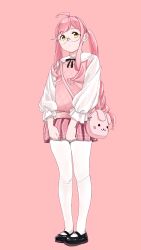 Rule 34 | 1girl, absurdres, ahoge, alternate costume, animal bag, bad id, bad twitter id, bag, black footwear, full body, glasses, highres, kantai collection, long hair, long sleeves, makigumo (kancolle), ojipon, pantyhose, pink background, pink hair, pink skirt, pink theme, pleated skirt, shoulder bag, sidelocks, simple background, skirt, solo, standing, sweater vest, twintails, white pantyhose, yellow eyes