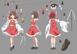 Rule 34 | 1girl, absurdres, ascot, bare shoulders, bow, brown eyes, brown footwear, brown hair, character sheet, chest sarashi, closed mouth, collared shirt, commentary request, detached sleeves, frilled bow, frilled hair tubes, frilled skirt, frills, gohei, grey background, gyouza (mhea5724), hair bow, hair tubes, hakurei reimu, highres, holding, holding gohei, loafers, long sleeves, medium hair, midriff peek, multiple views, navel, ofuda, red bow, red shirt, red skirt, sarashi, shirt, shoes, sidelocks, simple background, skirt, sleeveless, sleeveless shirt, socks, standing, touhou, white sleeves, white socks, wide sleeves, yellow ascot
