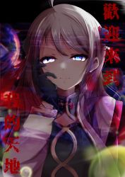Rule 34 | 1girl, absurdres, black gloves, blue eyes, breasts, cleavage, cleavage cutout, clothing cutout, commentary, dark background, double bun, eryuus3, eutopia (love live!), gloves, hair bun, highres, long hair, looking at viewer, love live!, love live! nijigasaki high school idol club, pink hair, sidelocks, smirk, solo, translation request, upper body, zhong lanzhu