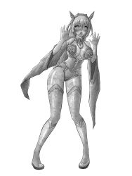 Rule 34 | asfr, boots, breasts, choker, corset, greyscale, highres, large breasts, long hair, long sleeves, monochrome, original, petrification, scared, solo, statue, thick thighs, thigh boots, thighhighs, thighs