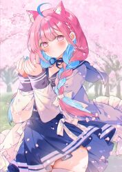 Rule 34 | 1girl, ahoge, anchor symbol, blue hair, blue nails, blue skirt, blush, braid, breasts, cherry blossoms, cherry tree, collarbone, colored inner hair, highres, hololive, jacket, large breasts, long hair, long sleeves, minato aqua, minato aqua (sailor), moo (umineko), multicolored hair, official alternate costume, pink hair, pleated skirt, purple eyes, ribbon, skirt, solo, streaked hair, thighs, twintails, two-tone hair, virtual youtuber