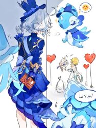 Rule 34 | +++, 3girls, :d, ahoge, arm behind back, asymmetrical gloves, back bow, balloon, bare shoulders, black gloves, blonde hair, blue bow, blue hair, blue headwear, blue jacket, blush, bow, box, cape, commentary request, crossed arms, dress, emoji, english text, facing away, flying, flying sweatdrops, from behind, furina (genshin impact), genshin impact, gentilhomme usher, gift, gift box, gloves, halo, hand up, hat, hat bow, heart, heart balloon, holding, holding gift, jacket, long sleeves, looking at another, lumine (genshin impact), mademoiselle crabaletta, mismatched gloves, multicolored hair, multiple girls, open mouth, paimon (genshin impact), peeking out, purple cape, romper, sack, shinoo0915, short hair, simple background, sleeve cuffs, sleeveless, sleeveless dress, smile, sparkle, speech bubble, spoken emoji, standing, streaked hair, surintendante chevalmarin, tilted headwear, top hat, white background, white cape, white dress, white gloves, white hair, white romper