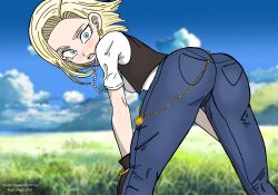 Rule 34 | android 18, bent over, black gloves, blonde hair, blue eyes, denim, dragon ball, earrings, embarrassed, gloves, highres, jeans, jewelry, nashdnash2007, necklace, pants, vest