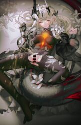 Rule 34 | 1girl, anus, arknights, bangle, bar censor, black gloves, black pantyhose, blonde hair, bodystocking, bracelet, censored, covered erect nipples, dragon girl, dragon horns, dragon tail, floral print, flower, gloves, green eyes, highres, horns, infection monitor (arknights), iumu, jacket, jewelry, light in heart, long hair, lying, no panties, no shoes, on back, open clothes, open jacket, pantyhose, pee, peeing, petals, pussy, reed (arknights), single glove, spread legs, tail, torn clothes, torn pantyhose