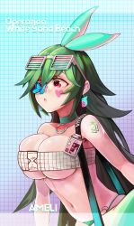 Rule 34 | 1girl, ameli (ameli&#039;s receive) (girls&#039; frontline), ameli (girls&#039; frontline), bad id, bad pixiv id, bikini, blush, breasts, bug, butterfly, butterfly on nose, character name, choker, cleavage, earrings, eyewear on head, girls&#039; frontline, green hair, hair ribbon, heart, heart tattoo, highres, insect, jewelry, long hair, navel, nlitz, official alternate costume, open mouth, purple eyes, ribbon, solo, sunglasses, swimsuit, tattoo, very long hair