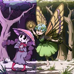 Rule 34 | 2girls, absurdres, ajirogasa, antennae, aqua hair, barefoot, black hair, blunt bangs, braid, butterfly wings, collaboration, dress, earlobes, eternity larva, feet, forest, green skirt, grey dress, hair ornament, hat, highres, icicle, insect wings, leaf, leaf hair ornament, long earlobes, long sleeves, mefomefo, multiple girls, nature, open mouth, pigeon-toed, quarium, red legwear, round teeth, sandals, short sleeves, skirt, snow, standing, teeth, toenails, toes, touhou, twin braids, twintails, wings, yatadera narumi, yellow eyes
